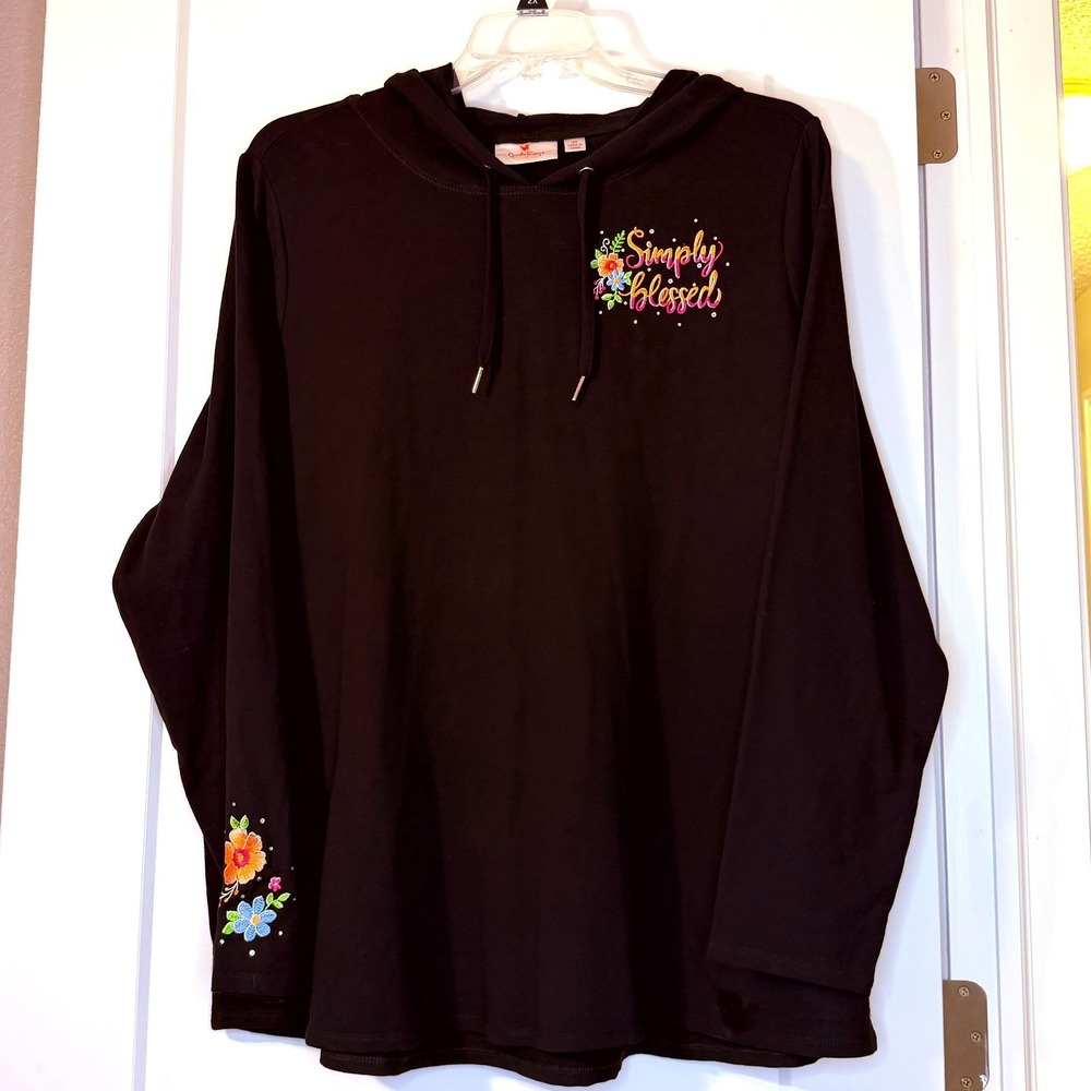 EUC Quacker Factory 2X Simply Blessed black pullover hoodie top - Bling flowers